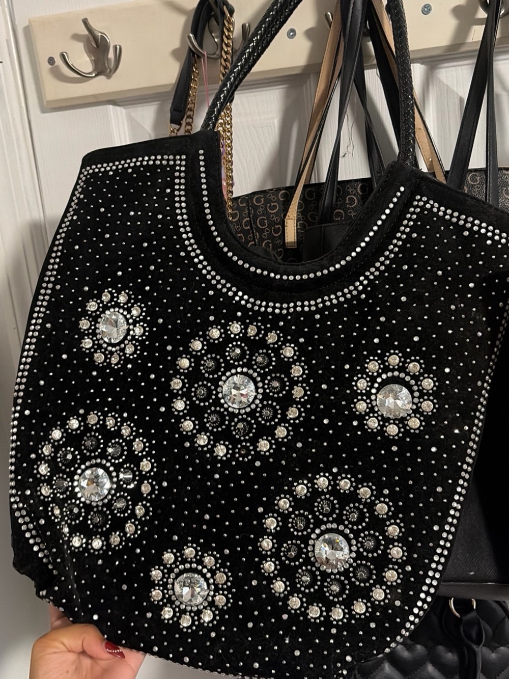 Black Crystal-Embellished Velvet Tote Bag